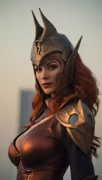 a beautiful woman in a costume and helmet with horns