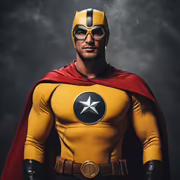 man in yellow outfit and cape with eyes wide open