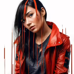 a woman with long hair, with blood flowing from her fur