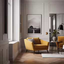 an elegant living room with yellow chairs and art