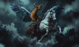 the deer is on top of a horse that has wings
