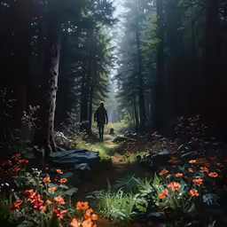 the hiker walks through a forest in the sun