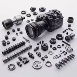 a video camera surrounded by various gear and objects