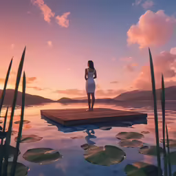 woman looking over dock at water with lily pads