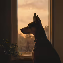 a dog looks out the window in front of a rainy day