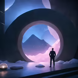 a man standing in front of a mountain with snow