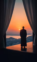 silhouette of a man in suit and hat with the sun in background, framed by a curtain