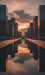 an outdoor swimming pool that has sunset on the other side