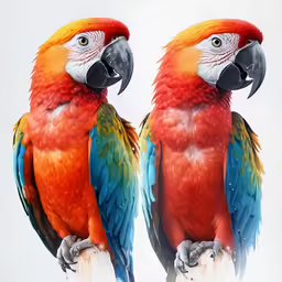there are two parrots that are perched on the palm tree