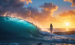 a person standing in the surf looking out at a wave,a woman stands in the ocean as the sun sets