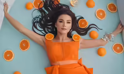 the woman is lying down with oranges and lemons scattered around her