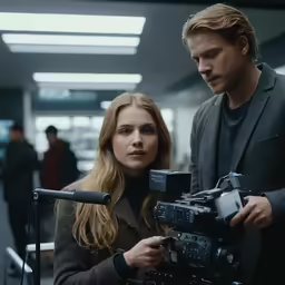 a man and woman looking at a camera