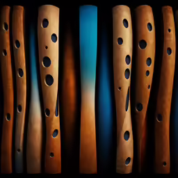 close up of wooden recorders and flute parts with holes