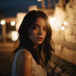 an attractive asian girl wearing white looking up while standing in front of a wall