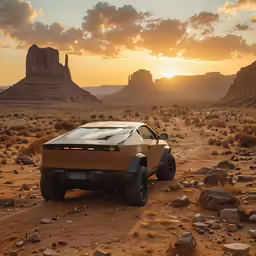 a futuristic vehicle is on an open desert near rocks