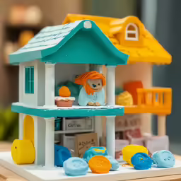 a miniature play house is shown with various colored toys