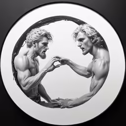 two men doing a fist bump pose in front of a circle