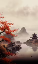 a misty, oriental landscape with red leaves