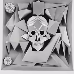 a paper cut art project with skull, flower and cubes