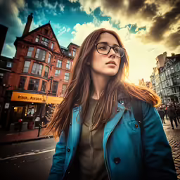 a woman walking down the street with her arms around her neck