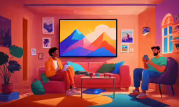 two people sitting on couches in front of a tv in a living room,the men are sitting in front of the tv playing video games