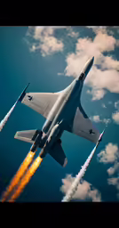 a jet with red and white tails in the sky