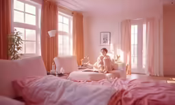 a person that is sitting in some kind of room