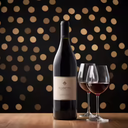 wine in front of a large black dot wall