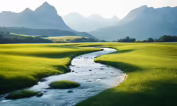 green valley with stream in the foreground and mountains in the background