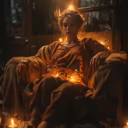 a woman is sitting down in her pajamas with candles burning all around