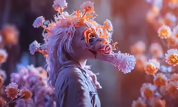 an altered photograph of a woman with flowers all around her head