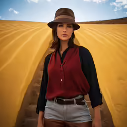 a woman with a hat standing in front of a yellow field