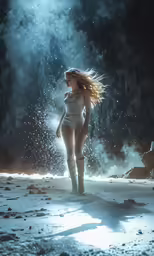 a woman standing on the snow covered ground