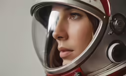 a woman in an astronaut suit looking into the camera