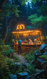 people standing at an outdoor food stand in the woods