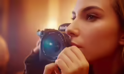 a woman holding a camera to her face