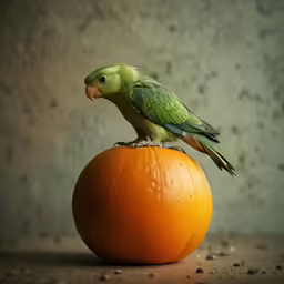 there is a green parrot sitting on top of an orange