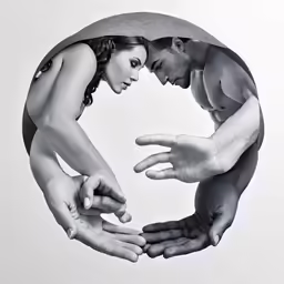a woman and man touching each other while holding hands