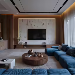 a living room has a large blue sectional and brown walls