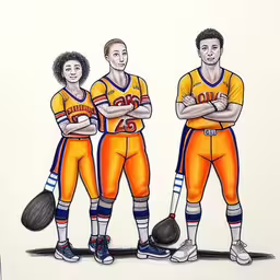 a drawing of three football players with balls and shorts on their feet,a drawing shows three football players, one is holding a basketball