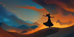 an animation painting of a woman in a dress walking across a desert