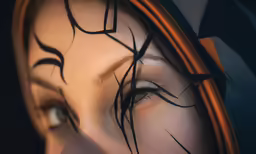 an animated figure with long hair wearing orange frame
