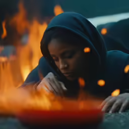 a woman in black jacket leaning over a red bowl