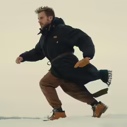 a man is running on snow while wearing gloves