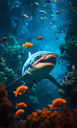 a shark swimming through an aquarium filled with fish