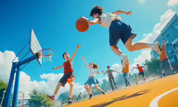 people playing basketball in front of a group of buildings