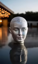 a silver head is on the surface of the table