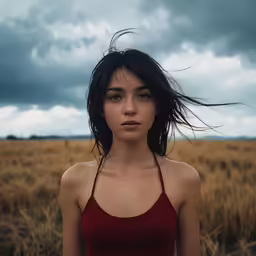 there is a young woman standing in a field