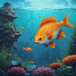 a yellow fish in the middle of a coral reef,a big fish that is swimming over some rocks