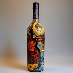 a close up of a bottle of wine with a design on it